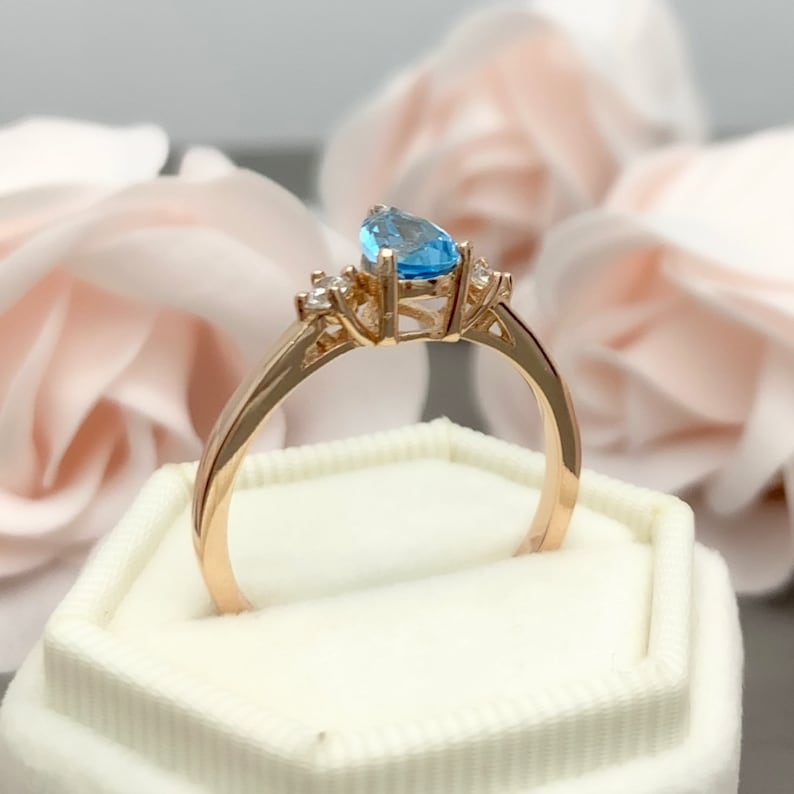 Pear Shape Natural Swiss Blue Topaz Diamond Three Stone Engagement Promise Wedding Ring 925 Sterling Silver Or 14K Solid Rose Gold Ring