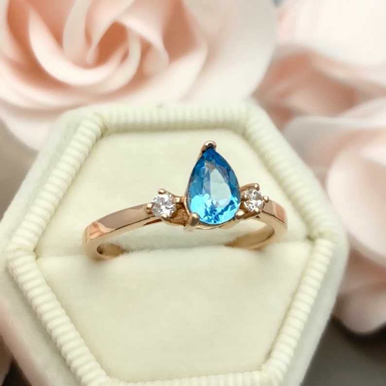 Pear Shape Natural Swiss Blue Topaz Diamond Three Stone Engagement Promise Wedding Ring 925 Sterling Silver Or 14K Solid Rose Gold Ring