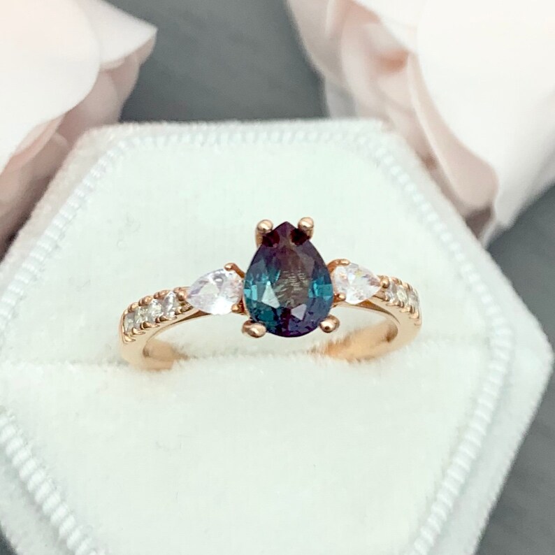 Pear Shape Alexandrite Pear And Round Simulated Diamond Ring 925 Sterling Silver Or 14K Solid Gold Engagement Art Deco Bridal Wedding Ring
