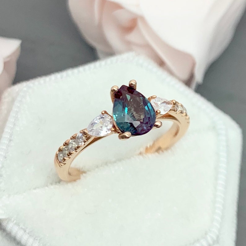 Pear Shape Alexandrite Pear And Round Simulated Diamond Ring 925 Sterling Silver Or 14K Solid Gold Engagement Art Deco Bridal Wedding Ring