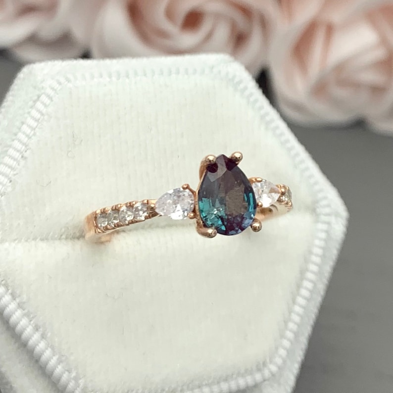 Pear Shape Alexandrite Pear And Round Simulated Diamond Ring 925 Sterling Silver Or 14K Solid Gold Engagement Art Deco Bridal Wedding Ring