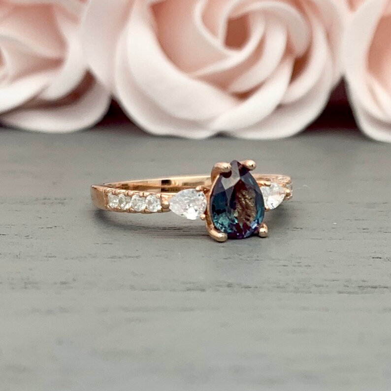 Pear Shape Alexandrite Pear And Round Simulated Diamond Ring 925 Sterling Silver Or 14K Solid Gold Engagement Art Deco Bridal Wedding Ring