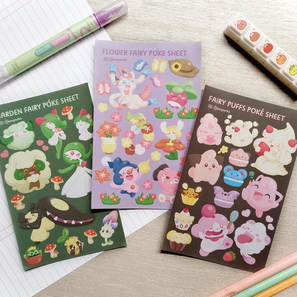 Hojas de pegatinas de hadas / Puffs Flower Garden / Sylveon Alcremie Snubbull Swirlix Morelull Ralts Gardevoir Cottonee Jigglypuff Marill