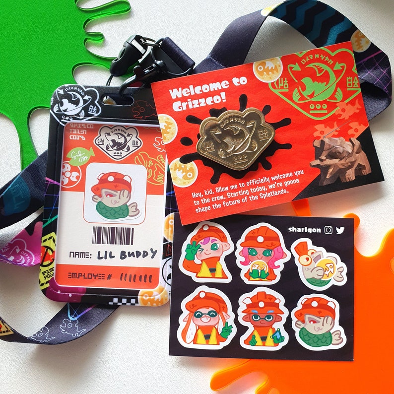 Splatoon 3 Salmon Run Grizzco ID Card Holder with Lanyard & Enamel Pin Full Set