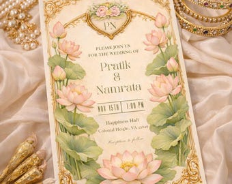 Floral Lotus Wedding Invitation, Vintage Frame Indian Card (Digital Download)