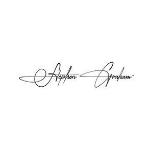 May include: A black digital graphic featuring the handwritten signature text Stephen Graham in a cursive script font. The lettering is characterised by elongated, sweeping loops and flourishes on the capital letters S and G, set against a plain white background.