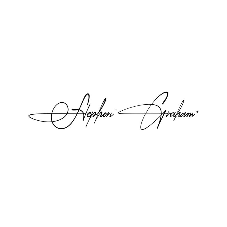 May include: A black digital graphic featuring the handwritten signature text Stephen Graham in a cursive script font. The lettering is characterised by elongated, sweeping loops and flourishes on the capital letters S and G, set against a plain white background.