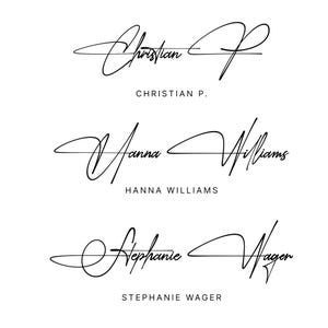 May include: Three black ink signatures on a white background. The names Christian P., Hanna Williams, and Stephanie Wager are written in a cursive script style, with the printed name appearing directly below each corresponding signature.