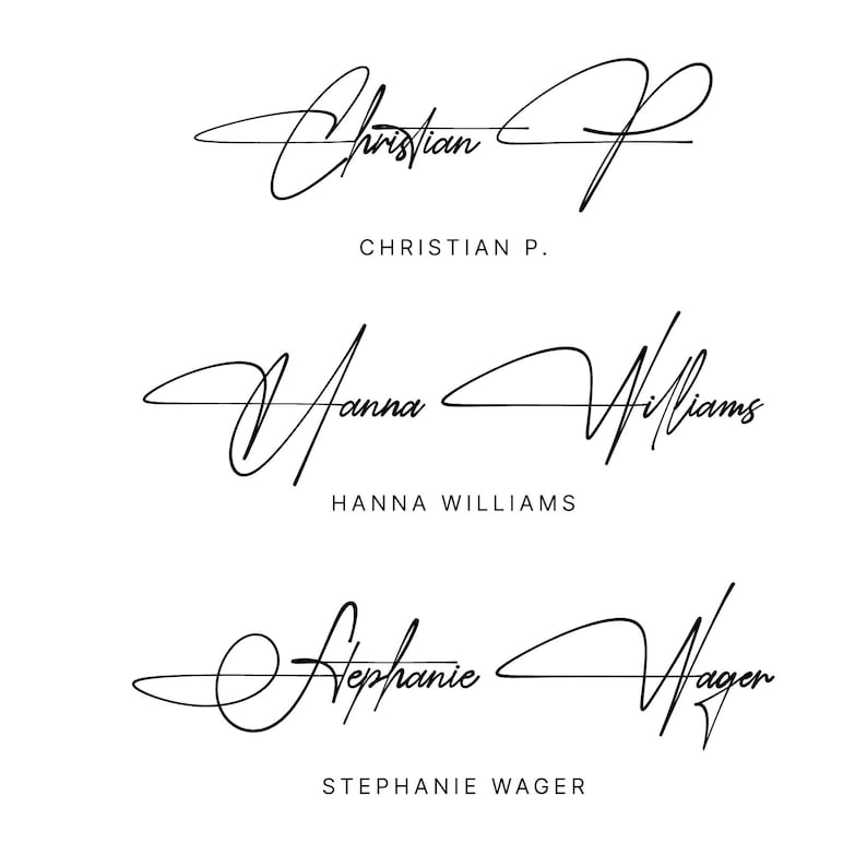 May include: Three black ink signatures on a white background. The names Christian P., Hanna Williams, and Stephanie Wager are written in a cursive script style, with the printed name appearing directly below each corresponding signature.