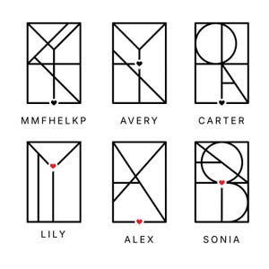 Può includere: Sei disegni grafici rettangolari con linee nere e motivi geometrici. Ogni design incorpora una piccola icona a forma di cuore, nera o rossa, ed è etichettato con i nomi MMFHELKP, AVERY, CARTER, LILY, ALEX e SONIA in testo nero.