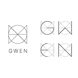 May include: A minimalist logo design featuring the name "GWEN" in a clean, sans-serif font. The logo incorporates geometric shapes, including circles, triangles, and intersecting lines, in a black and white color scheme. Several variations of the logo are displayed.