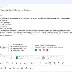 May include: A digital email draft addressed to client@example.com with the subject Proposal for Magento (Hyv&auml;) Website Development - CozzyMozzy. The body text outlines project scope, design approach, timeline, quotation, and support details.