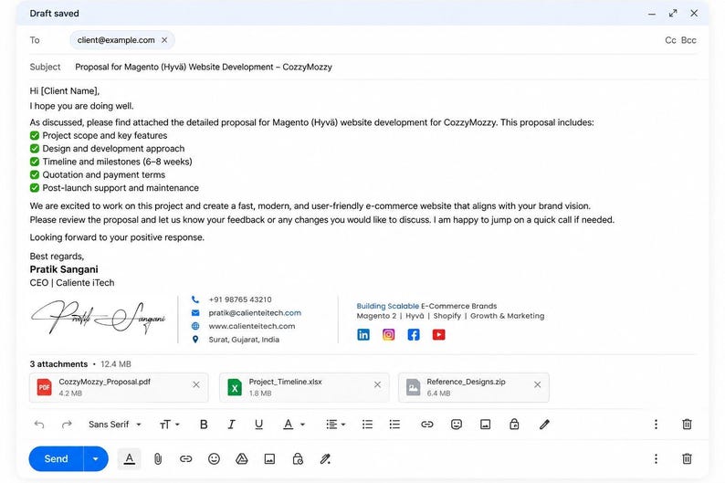 May include: A digital email draft addressed to client@example.com with the subject Proposal for Magento (Hyv&auml;) Website Development - CozzyMozzy. The body text outlines project scope, design approach, timeline, quotation, and support details.
