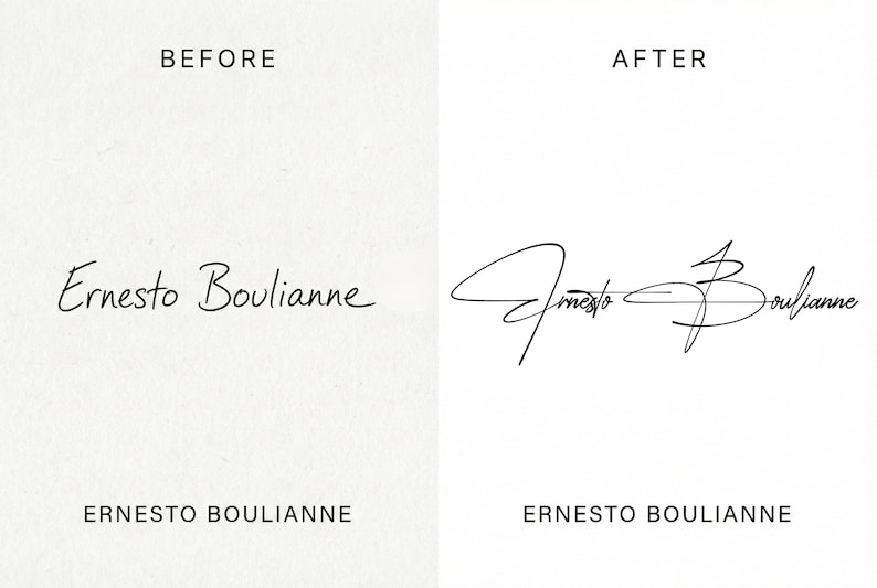May include: A split-screen graphic showing a before and after comparison of a signature. The left side displays the name Ernesto Boulianne in a simple script, while the right side shows a stylised, calligraphic version of the same name.