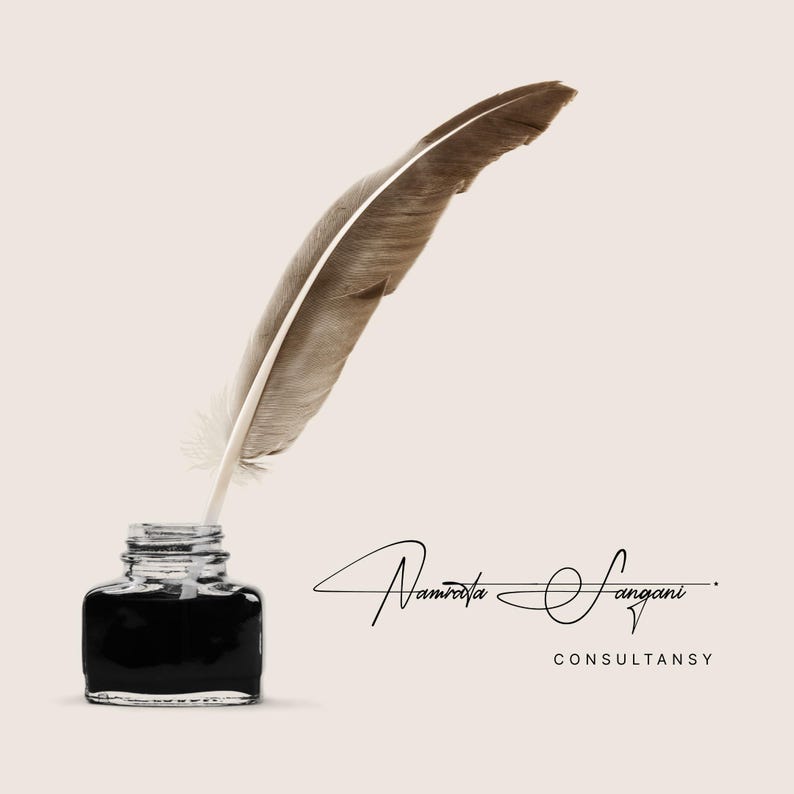 May include: A brown and white feather quill pen inserted into a clear glass inkwell filled with dark black ink. To the right of the inkwell, the text Namrata Sangani is written in a cursive script, followed by the word CONSULTANSY in capital letters.