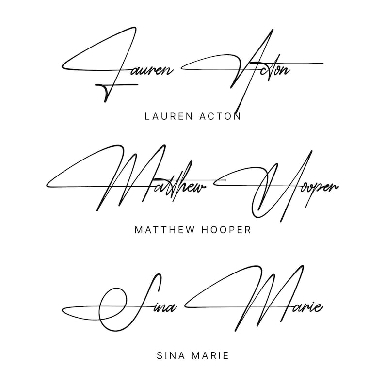 May include: Three black ink signatures displayed in a stylised cursive script. Each signature is paired with the corresponding name printed in a clean, sans-serif capital font below it: Lauren Acton, Matthew Hooper, and Sina Marie.