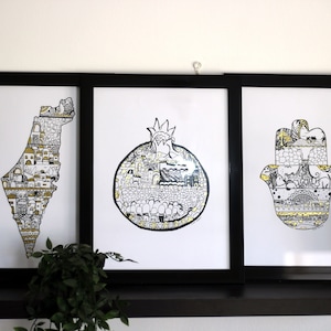 Art judaïque | Symboles israéliens avec feuille d'or 24 kt | Hamsa Rimon et la carte d'Israël | Estampes juives | Ensemble de trois | Inspiré de Jérusalem | Cadeau