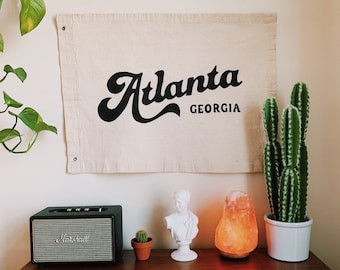 Atlanta Georgia Flag - Hand Painted - Cotton Canvas - Vintage - Wall Hanging - Banner - Tapestry - Room Decor