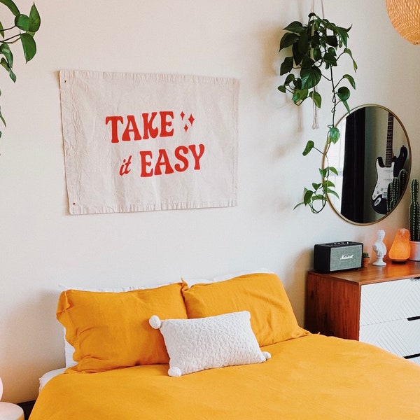 Take It Easy Flag - Hand Painted - Cotton Canvas - Vintage - Wall Hanging - Banner - Tapestry - Room Decor