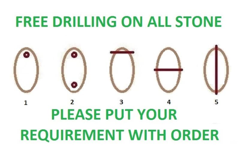 May include: Diagram showing five different drilling options for stone. Options include two holes, a horizontal line, a horizontal line with two holes, and a vertical line. The text "FREE DRILLING ON ALL STONE" and "PLEASE PUT YOUR REQUIREMENT WITH ORDER" is displayed below the diagram.