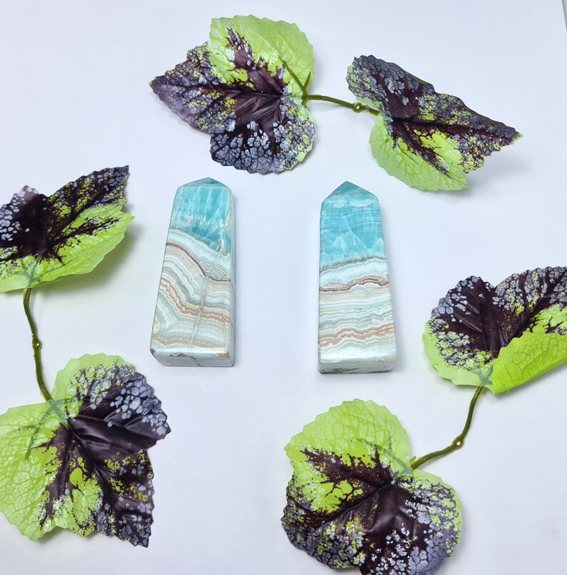 May include: Two rectangular, polished blue aragonite crystal towers with tan and white banding. The crystals are displayed on a white surface, accented by green and purple artificial leaves.