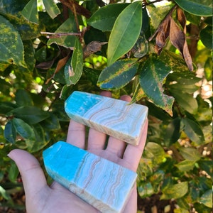 May include: Two rectangular, polished gemstone obelisks. The top of each obelisk is a vibrant turquoise, transitioning to a creamy white with brown banding. The obelisks are held in an open hand against a backdrop of green foliage.