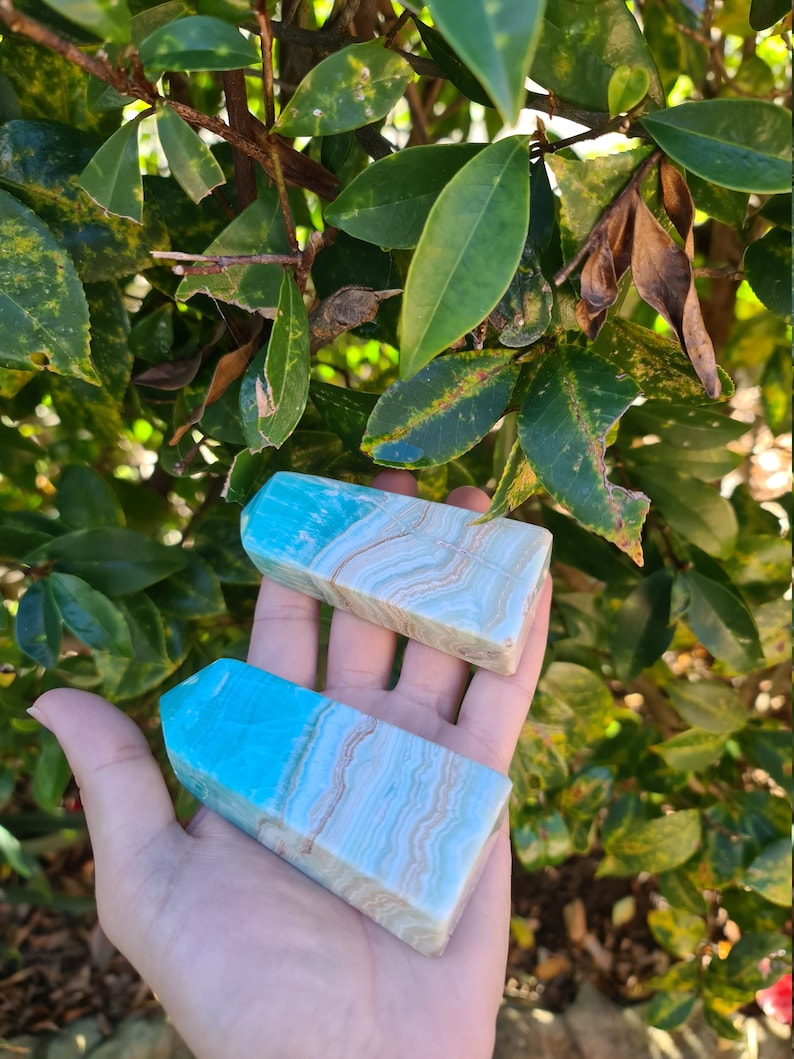 May include: Two rectangular, polished gemstone obelisks. The top of each obelisk is a vibrant turquoise, transitioning to a creamy white with brown banding. The obelisks are held in an open hand against a backdrop of green foliage.
