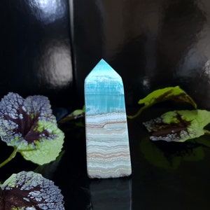 May include: A tall, rectangular crystal tower with a pointed top. The crystal features layers of light blue, white, and tan colors. The crystal is standing upright against a dark, reflective background, with green and purple leaves in the foreground.