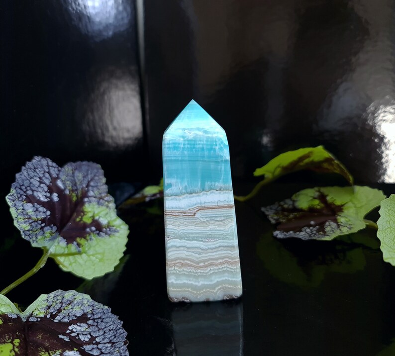 May include: A tall, rectangular crystal tower with a pointed top. The crystal features layers of light blue, white, and tan colors. The crystal is standing upright against a dark, reflective background, with green and purple leaves in the foreground.