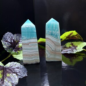 May include: Two turquoise and white banded crystal obelisks with a polished finish. The obelisks have a rectangular base and a pointed top. The background is black with green and purple leaves.