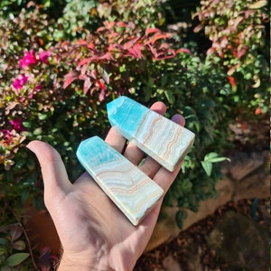 May include: Two rectangular, polished gemstone obelisks. The obelisks are light blue at the top and transition to a cream and tan striped pattern. The obelisks are held in a hand against a backdrop of green and red foliage.