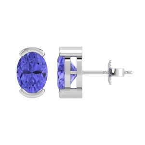 Clous d'oreilles en or 18 carats et argent sterling, pierre tanzanite naturelle, boucles d'oreilles design Bezel, clous d'oreilles, bijoux tanzanite, demi-lunette image 1