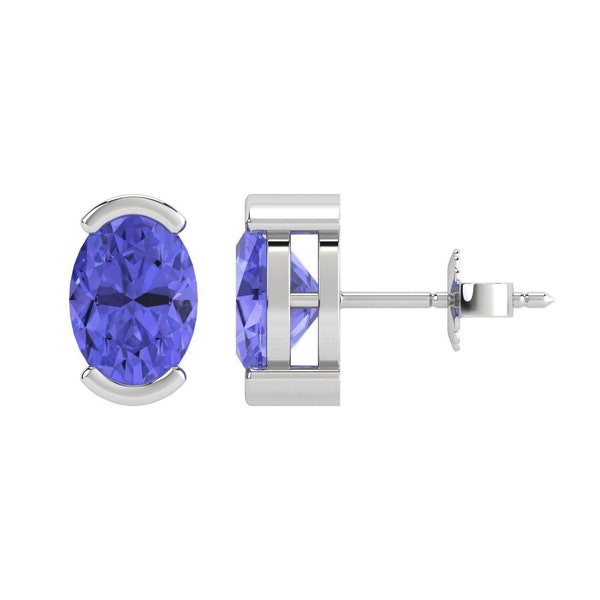 Studs Oorbellen in 18k goud & Sterling zilver, Natuurlijke Tanzanite Steen, Bezel Design oorbellen, studs oorbellen, Tanzanite Sieraden, halve omlijsting