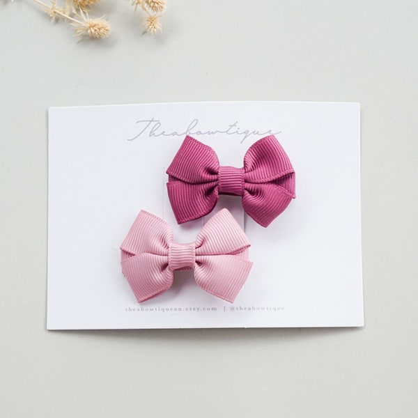 Mini Freyja Hair Bows: Rosy & Burgundy Grosgrain Ribbon Clips (Set of 2)