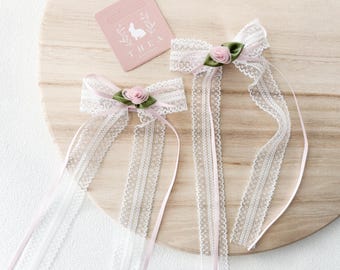 Lace Long tail bow, Lace hair bow, elegant hair bow, Barrette hairclip, Ribbon Hairclip, Long tail hairclip