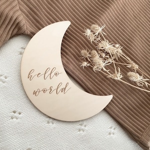 Faire-part Hello World - Disques en bois - Faire-part de grossesse - Future maman - Plaque de faire-part Lune