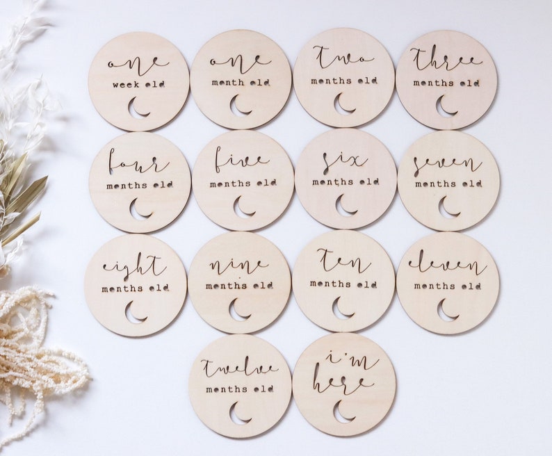Baby Milestone Cards Set of 14 Eclipse Wood Discs Wooden Baby Cards First Year Baby Shower Gift Age Signs Newborn Shower Gift image 2