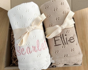 Embroidered Personalised baby Blanket, Personalized Baby Blanket, Baby Shower Gift, Newborn Baby Gift, Knitted Blanket, Pointelle Blanket