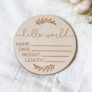 Plaque faire-part de naissance | Panneau en bois | Décoration de chambre d'enfant | Accessoire photo | Plaque en bois | Plaque nominative | bonjour le monde | Arc-en-ciel