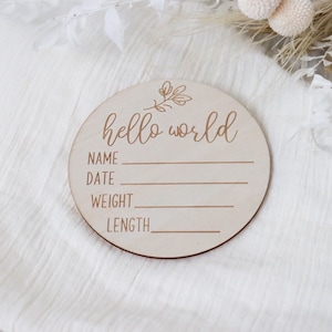 Plaque de faire-part de naissance | Panneau en bois | Décoration de chambre d'enfant | Accessoire photo | Plaque en bois | Plaque nominative | bonjour le monde