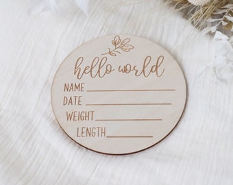 Birth announcement plaque | Wooden sign | Nursery Decor | Photo Prop | Wooden Plaque | Name Plaque | hello world