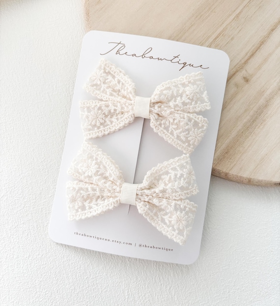 Ivory Lace Hair Bows, Christening Hair Clips - Set of 2  display picture 2