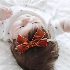 Terra Cotta Maxi velvet bow, Baby headband, Baby bow, Newborn headband, Hair bows, Baby girl headband, Nylon headband image 1