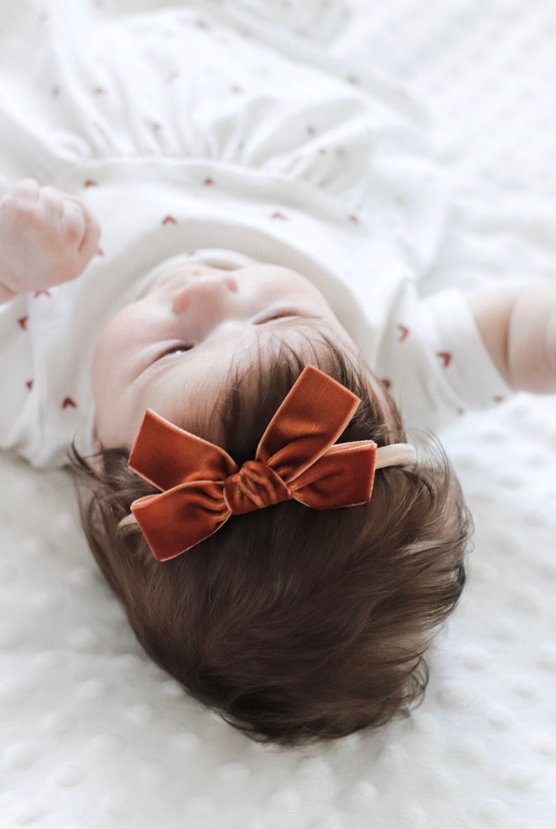 Terra Cotta Maxi velvet bow, Baby headband, Baby bow, Newborn headband, Hair bows, Baby girl headband, Nylon headband image 1