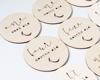 Baby Milestone Cards Set of 14 (Eclipse) - Wood Discs - Wooden Baby Cards First Year - Baby Shower Gift - Age Signs - Newborn Shower Gift
