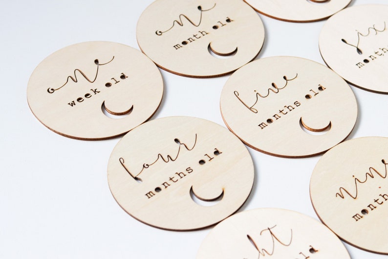 Baby Milestone Cards Set of 14 Eclipse Wood Discs Wooden Baby Cards First Year Baby Shower Gift Age Signs Newborn Shower Gift image 1