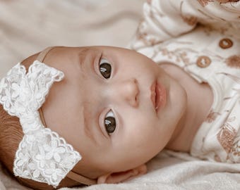 Vintage Lace Bow Headband: Newborn Baby Girl Nylon Hair Bow