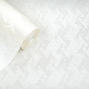 May include: A roll of white wallpaper with a subtle embossed pattern of repeating geometric shapes. The pattern is a light gray color and creates a subtle texture on the wallpaper.