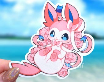 Glitter Sylveon Sticker with flowers | Water-Resistant Eeveelution