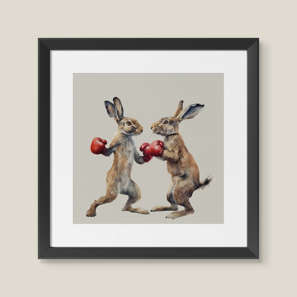 Framed Watercolour Sparring Hare Country Wall Art Print Framed Picture or Unframed